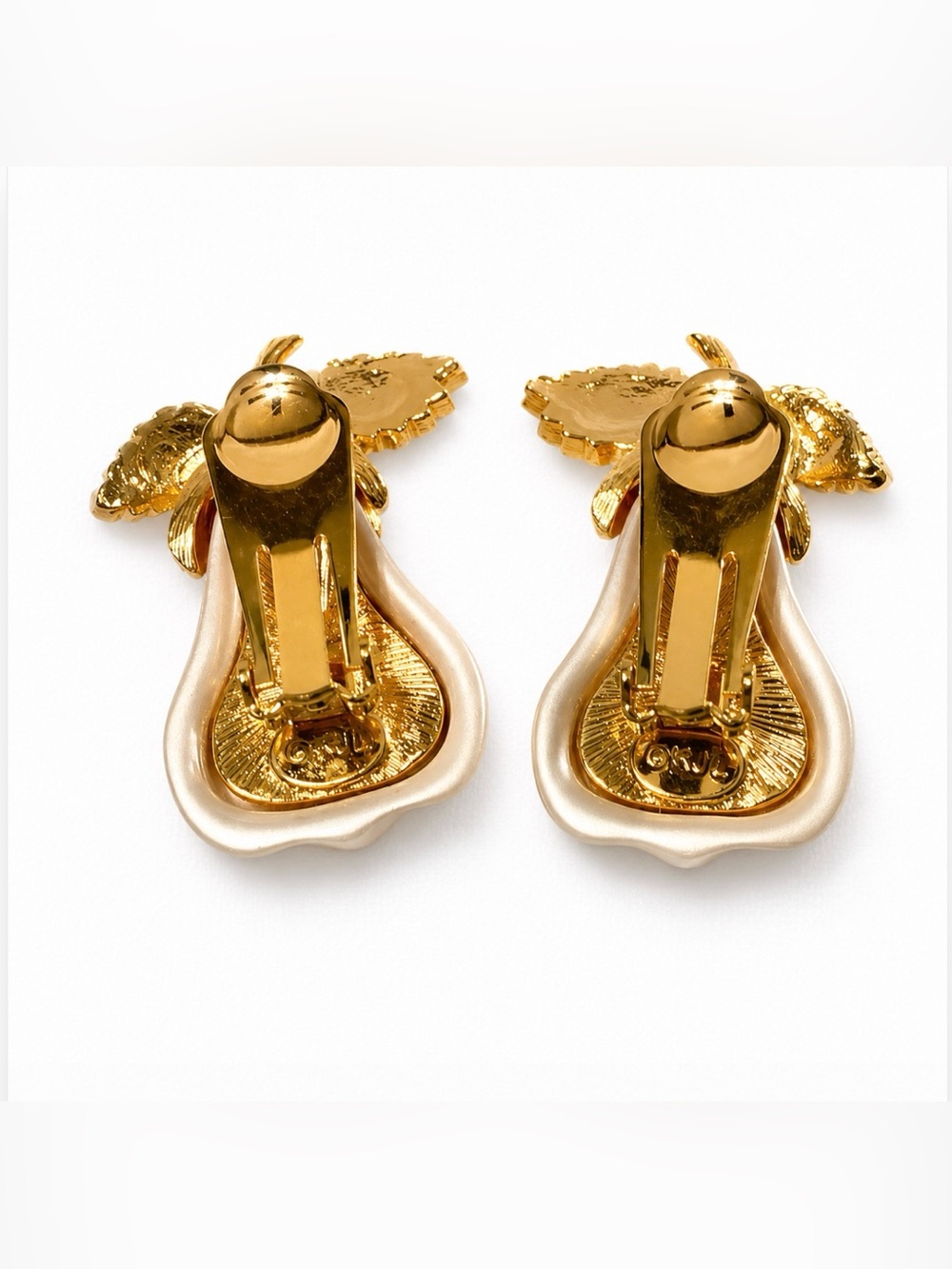 Kenneth Jay Lane KJL Large Pearl Pear Crystals Leaf Gold Clip Earrings & Brooch - Picture 6 of 11